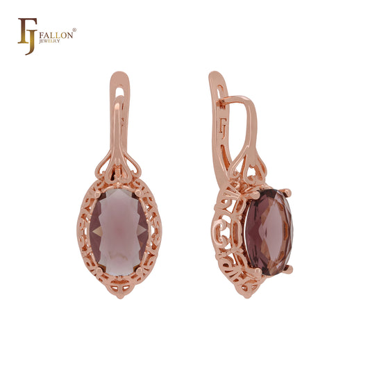 🔥 Oval Marquise Solitaire Red Tea CZ Rose Gold Russian Lock Earrings