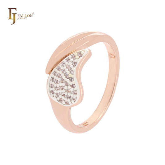 Anillos de moda de dos tonos en oro rosa con hojas dobles de circonitas blancas