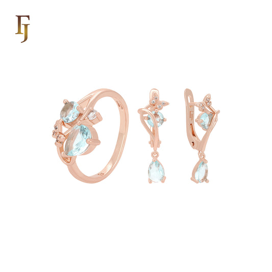 Cluster Lake Blue white CZs of Butterfly Rose Gold two tone Jewelry Set with Rings