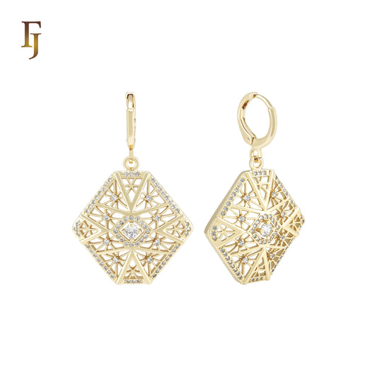 Hexa Snowflake of white CZs 14K Gold Huggie drop Earrings