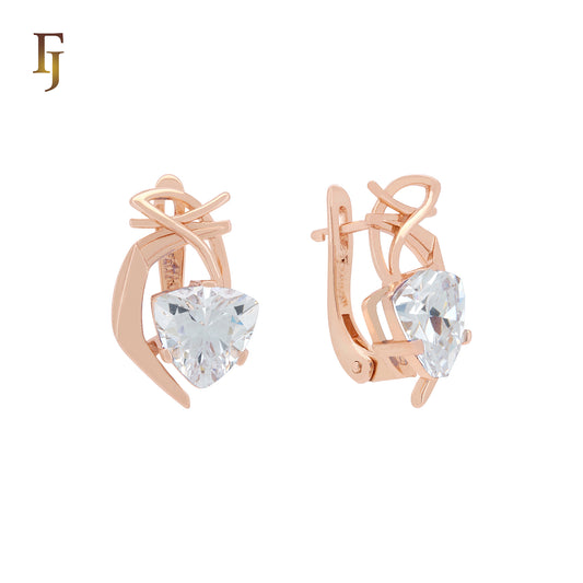 Solitaire ocean blue triangular CZ Rose Gold Russian Lock Earrings