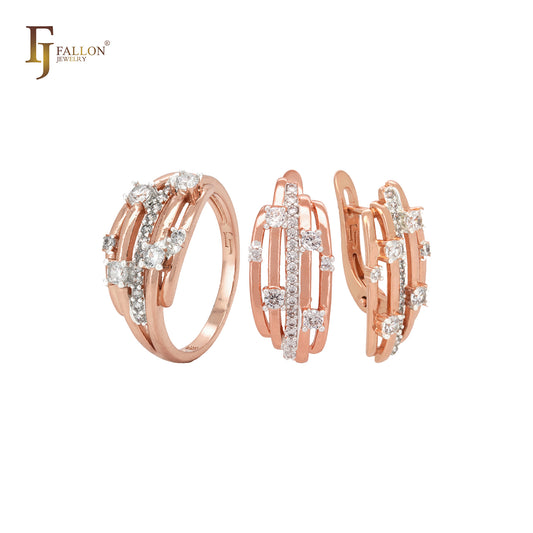 Paralleles geometrisches Roségold-Schmuckset mit weißen Zirkonia-Clustern und Ringen