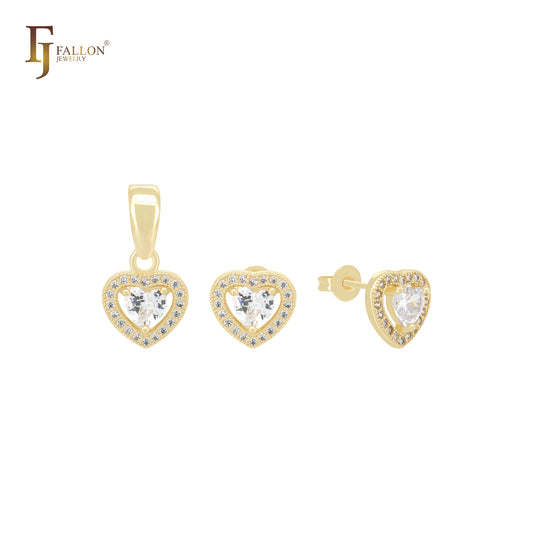 Solitaire Halo Heart of white CZs 14K Gold Jewelry Set with Pendant