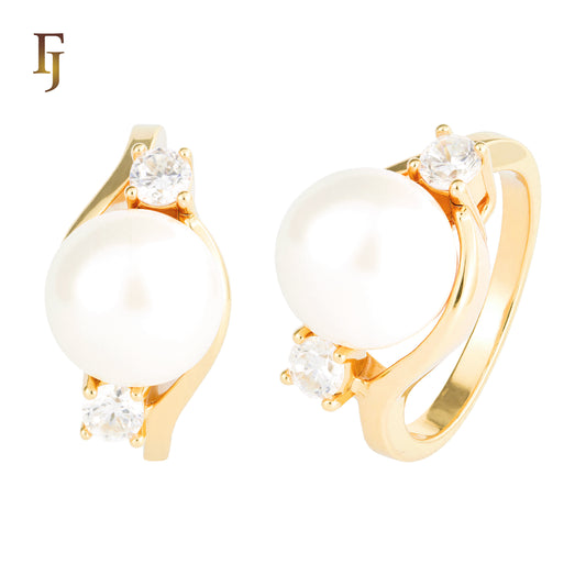 Solitaire pearl rings sided with 2 stones in 18K Gold, 14K Gold, Rose Gold plating colors