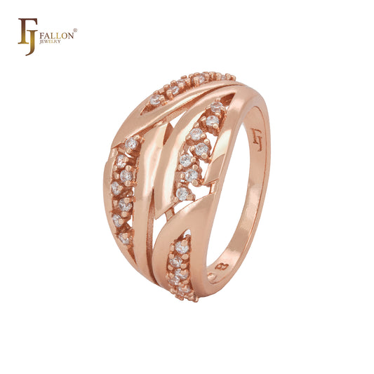 Anéis da moda em ouro rosa com zircônias cúbicas brancas e entrelaçadas