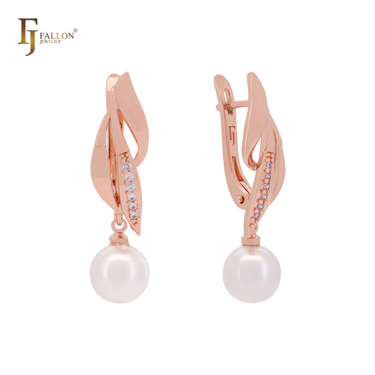 Elegant leave drop pearl with white CZs Rose Gold Russian Lock Earrings