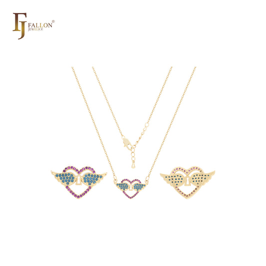 Lock of Heart and wings cluster 14K Gold Necklace