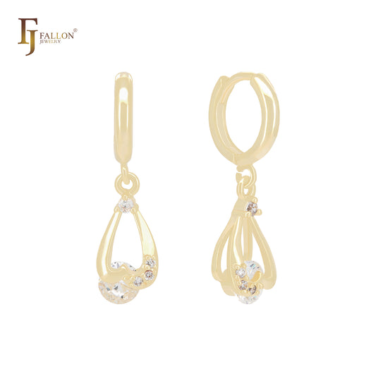 Solitaire diamond shaped white CZ drop 14K Gold Huggie Earrings