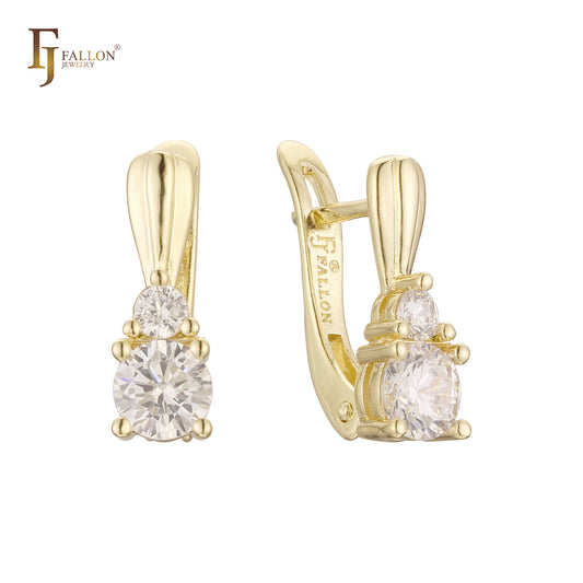 Double Solitaire white CZs Elegant 14K Gold Russian Lock Earrings