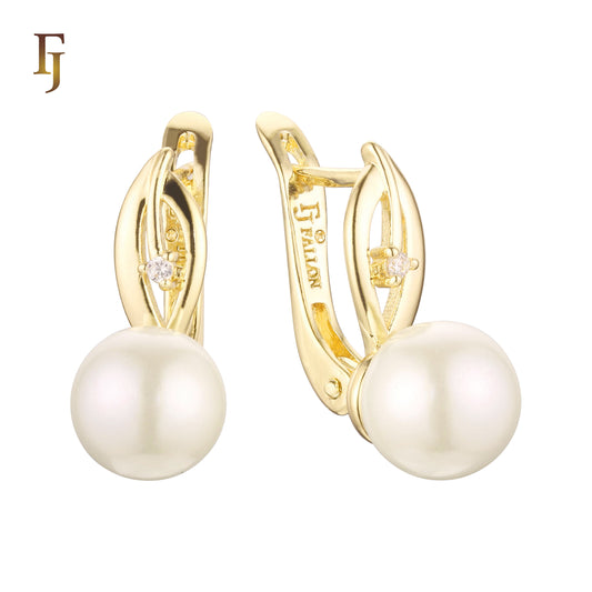 Gold-Plated Russian Lock Earrings with Simulated Pearl and CZ Accent – Classic Drop Earrings