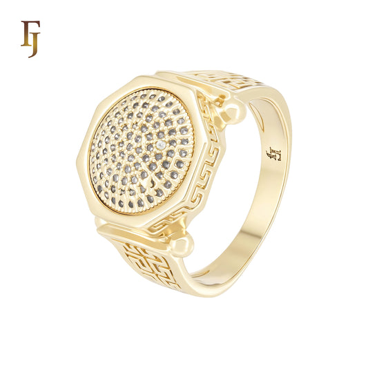 Round Pave Signet Ring Greek Key Band 14K Gold Plated Hypoallergenic Tarnish Resistant Jewelry FJ Fallon Jewelry