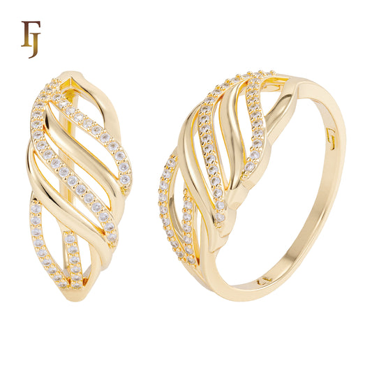 Gold Plated Wide Band Ring with Intertwined Cubic Zirconia Waves Design