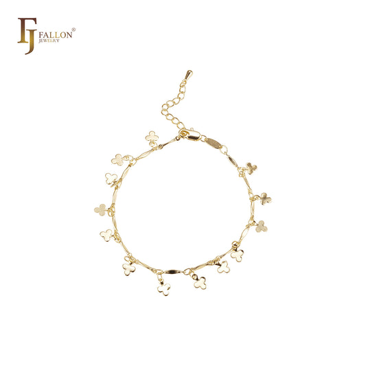 Fancy rounded spade flora and bar link bracelets chains plated in 14K Gold
