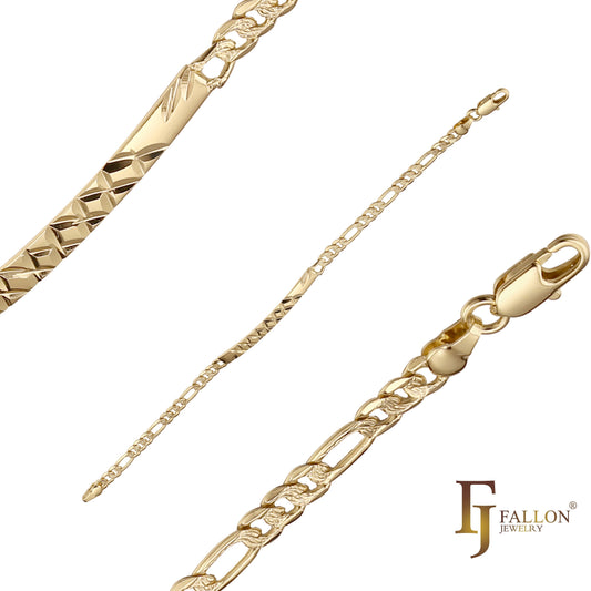 Figaro link 14K Gold, two tone Cross leafing engraving ripple hammered Men's ID bracelets