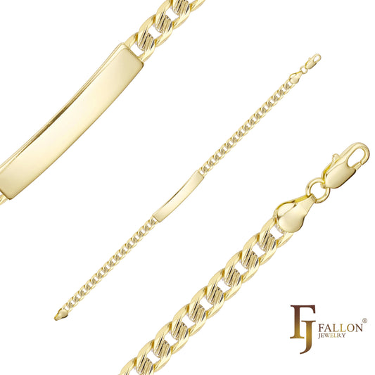 Curb link trace hammered Men's ID bracelets plated in 14K Gold, two tone colors clth