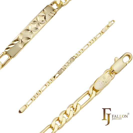 Figaro link 14K Gold, two tone, three tone Cross Leafing Engraved ID Men's bracelets