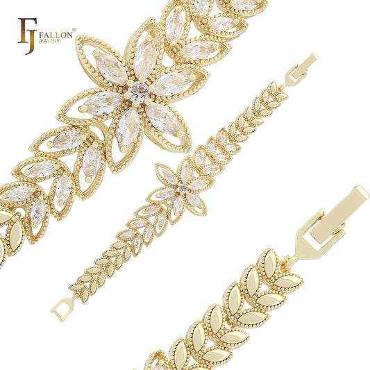 精美花朵向日葵奢华白色 CZ 14K 金手链