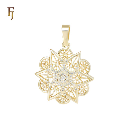 Star Snow flake white CZs 14K Gold Filigree Pendant