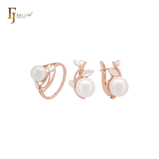 Pearl of silver leaves Rose Gold two tone Jewelry Set with Rings