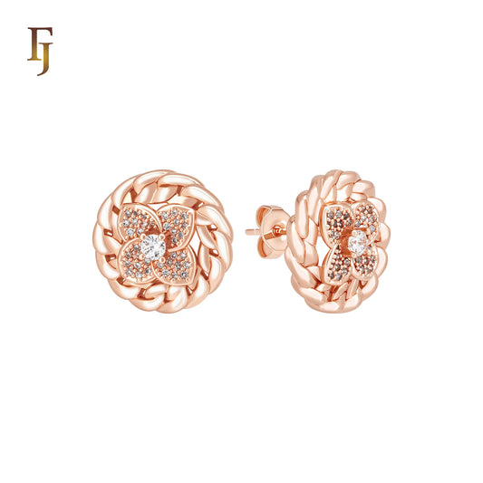 Rounded rope circle wide flora white CZs 14K Gold, Rose Gold Stud Earrings
