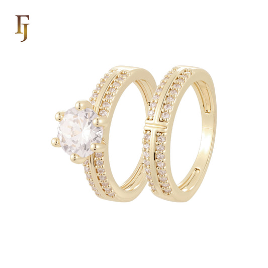 Solitaire and Cros double band paved white CZs 14K Gold, Rose Gold Wedding Set Rings Engagement and Band
