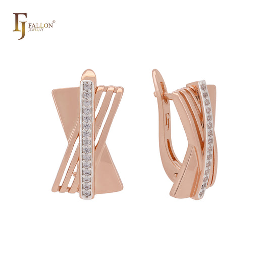 Geometric overlapped slash of white CZs Rose Gold two tone Russian Lock Earrings