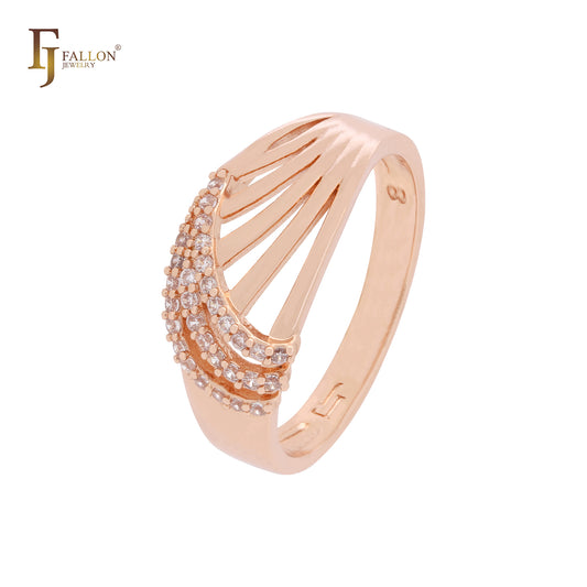 Anéis da moda em ouro rosa com três camadas de zircônias cúbicas brancas entrelaçadas e mil fitas