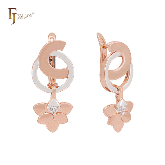Double clover flower drop geometric Rose Gold two tone Russian Lock Earrings