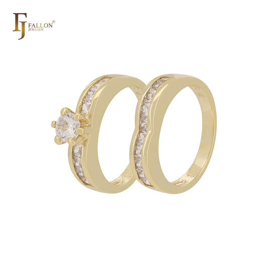 Cluster White CZs 14K Gold Wedding Set Rings