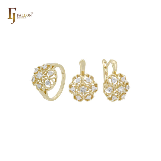Cluster white CZs clawed 14K Gold two tone Jewelry Set with Rings