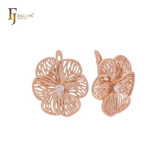 Elegant luxurious great flower of wires and white CZ Rose Gold Russian Lock Earrings