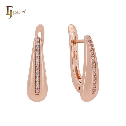 Tall rounded teardrop beads of white CZs Rose Gold Russian Lock Earrings