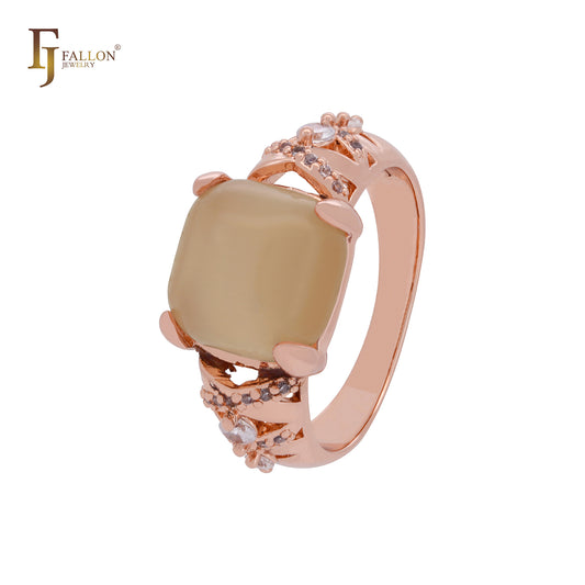Anéis da moda em dois tons, solitário, grande cabochão quadrado, CZ, ouro rosa, ouro 14K