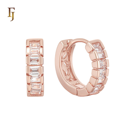 Baguette White Czs paved Rose Gold Huggie Earrings