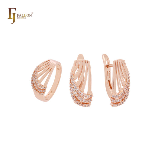 Conjunto de joias em ouro rosa com anéis e três camadas de zircônias cúbicas brancas entrelaçadas