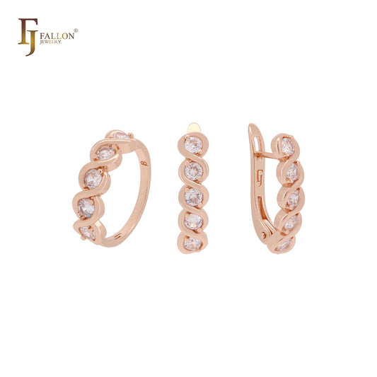 Conjunto de joyas de oro rosa con cinco circonitas cúbicas redondeadas blancas y anillos