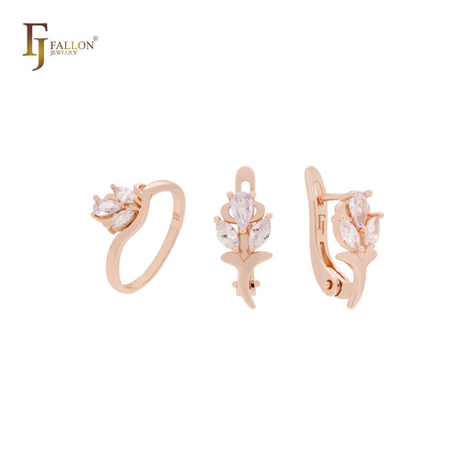 Conjunto de joyas de oro rosa con anillos y rama de flor de circonitas cúbicas blancas de talla marquesa