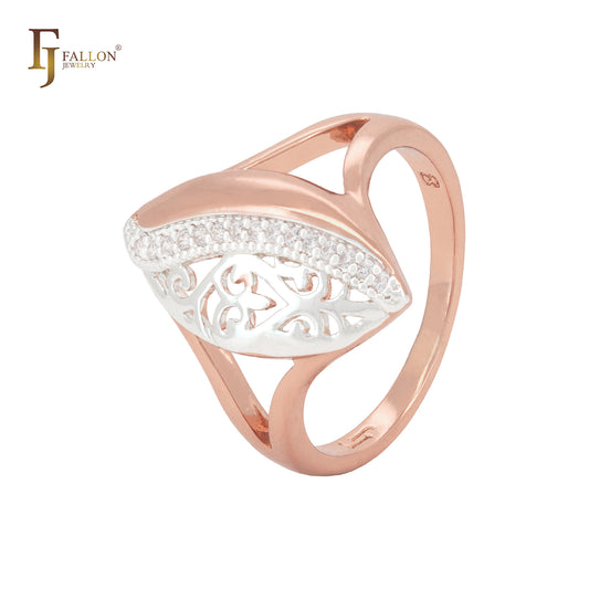 Anéis da moda em ouro rosa bicolor com filigrana de zircônias cúbicas brancas divididas ao meio