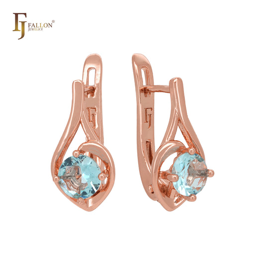 Solitaire round lake blue cz Rose Gold Russian Lock Earrings