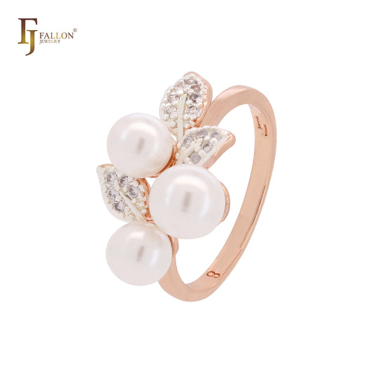 Triple pearls and leaves Rose Gold two tone Fashion Rings