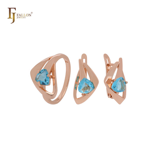 Dreieckiges geometrisches Solitär-Schmuckset aus Roségold mit dreieckigem Schliff und blauen Zirkoniasteinen und Ringen