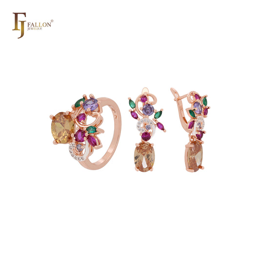 Colorful mixed flower CZs Rose Gold Jewelry Set with Rings