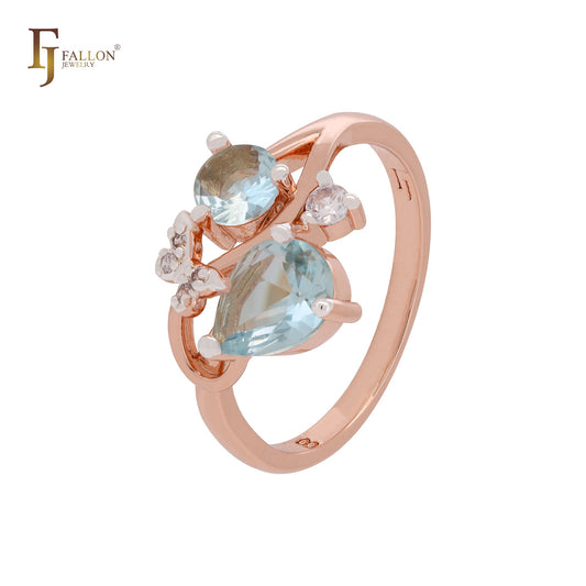 Anillos de moda en dos tonos de oro rosa con circonitas blancas y azules del lago en racimo.