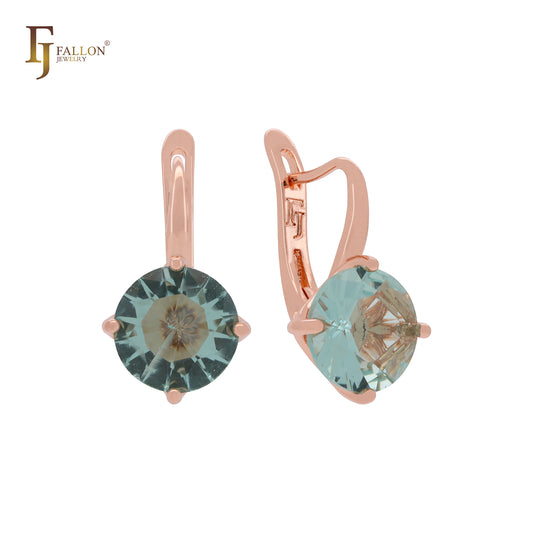 Four claws giant big solitaire rounded Apple Green CZ Rose Gold Russian Lock Earrings