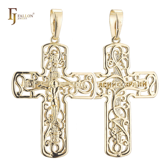 Russian orthodox cross pendant in 14K Gold, Rose Gold two tone plating colors