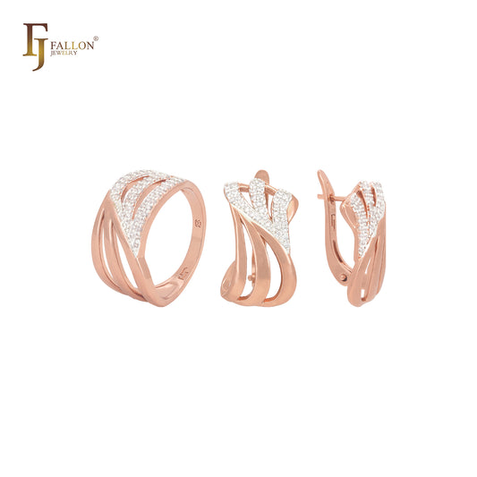 Triple rows interlocking with white CZs Rose Gold Jewelry Set with Rings