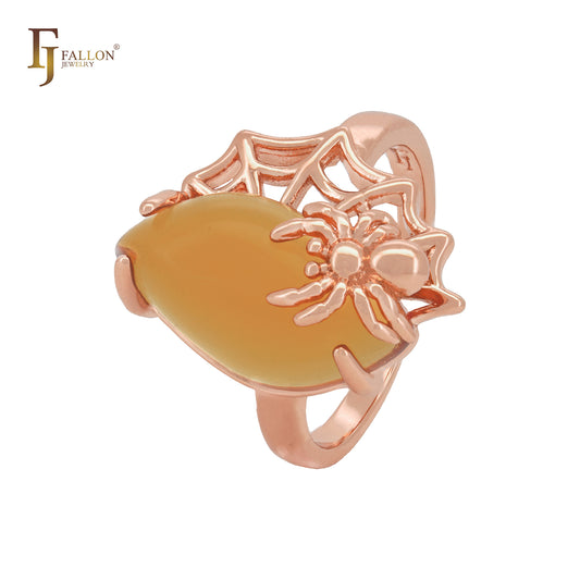 Grandes anéis de moda em ouro rosa com aranha e teia de aranha laranja e âmbar marquise