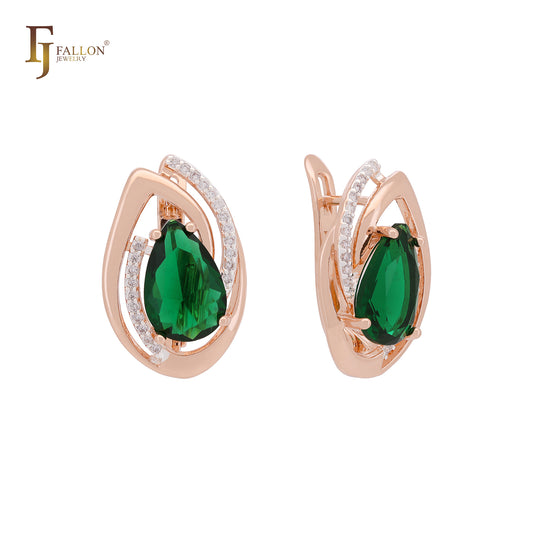 Double teardrop shaped leaves of white CZ solitaire CZ Rose Gold two tone Russian Lock Earrings