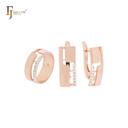 Conjunto de joias em dois tons de ouro rosa com zircônias cúbicas brancas quadradas e anéis