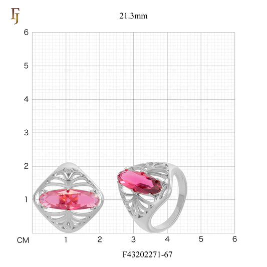Long Oval Fuchsia Stone Ring in Openwork Silver Design – Elegant Statement Jewelry – FJ Jewelry